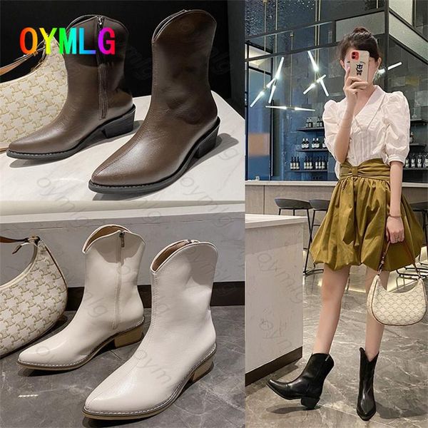 

boots western cowboy 2021 spring and autumn models pointed toe mid-tube thick heel british style high shoes, Black