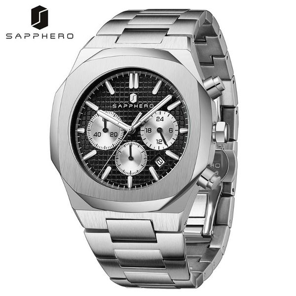 

wristwatches sapphero mens watch 30m waterproof quartz movement stainless steel strap chronograph multifunction dial business luxury clock, Slivery;brown