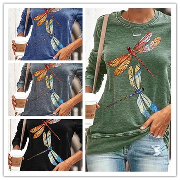 

women's t-shirt animal printed long sleeve retro women ladies casual pullovers dragonfly tshirts simple female t shirt, White