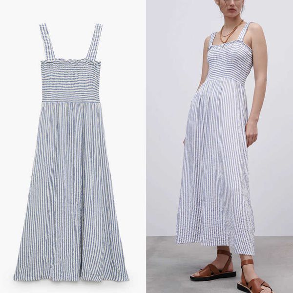 

za women long striped summer dress wide straps sleeveless vintage beach dresses woman smocked elastic blue pleated dress 210602, Black;gray