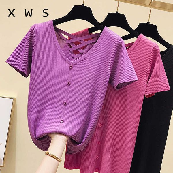

v-neck summer knitting womem sweater short sleeve v neck solid button sweater female pullover thin sweater 210604, White;black