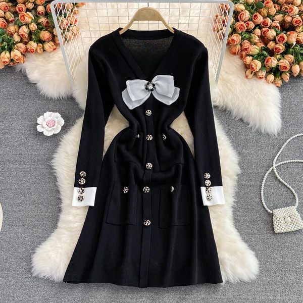 

casual dresses korean knitted dress women sweet bow v neck long sleeve a-line autumn winter fashion streetwear short, Black;gray