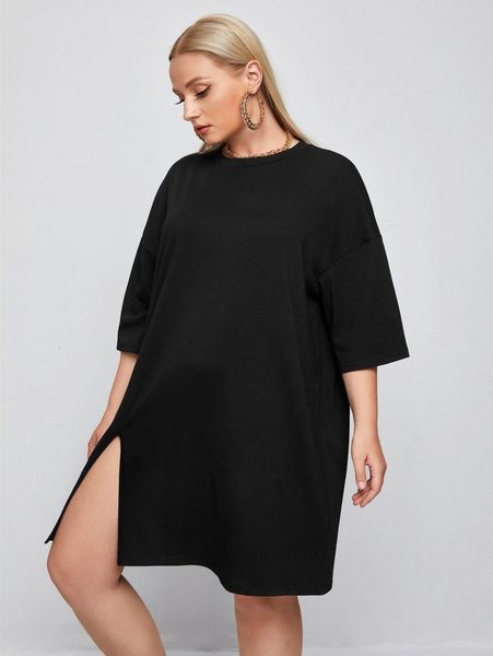 

plus solid slit hem longline tee dress f7lk#, Black