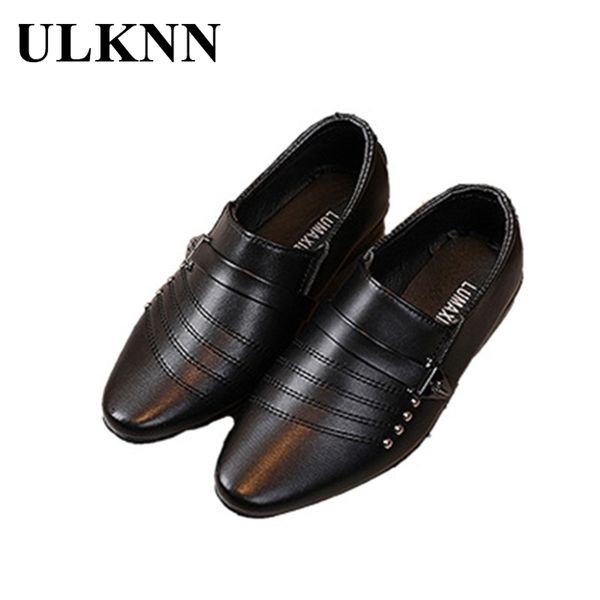 Sapatos de festa de couro genuíno ulknn menino outono estudante preto apontou calçado de pé para crianças menino moda confortável apartamentos 210306