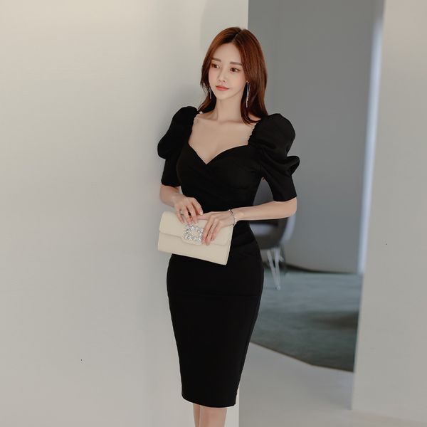 

elegant new party women slim v neck short mid pencil korean style 2021 summer office lady solid sleeve mal1, Black;gray