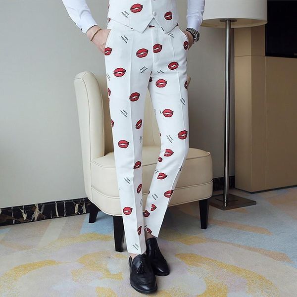 

men's pants fancy red lip dress pant 2021 brand fashion pantalon homme slim fit evening trousers mens night club artist clothing, Black