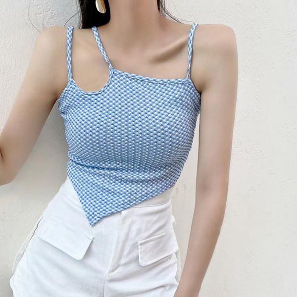 

women's tanks & camis women plaid irregular backless tank knitted camisole summer slim crop top, White