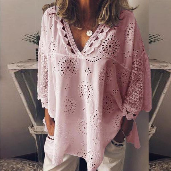 

women blouses fashion long sleeve v neck blouse v-neck hollow out lace shirt, White