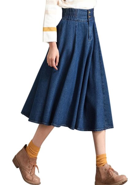 

skirts women's casual denim skirt spring summer girls flared pleated button zipper elastic waist mid-calf elegant jean long, Black