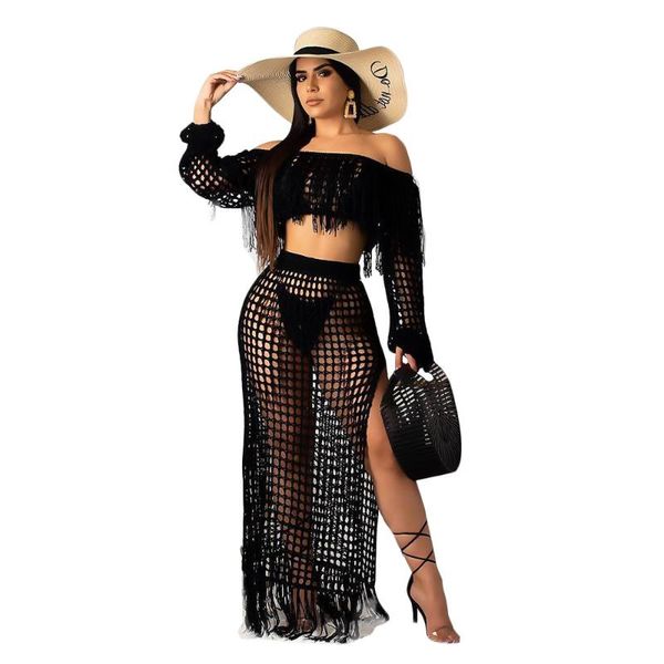 

women's tracksuits 2021 summer women set off shoulder hollow fashion tube grid tassel perspective puff sleeve mesh two-piece suit femal, Gray