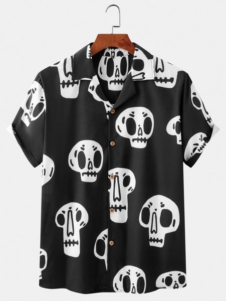 

men skull print button front lapel collar shirt a7yn#, White;black