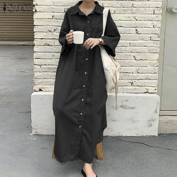 

casual dresses women's autumn fashion denim dress zanzea lapel maxi baggy solid hollow vestidos flared sleeves robe femme plus size 5xl, Black;gray