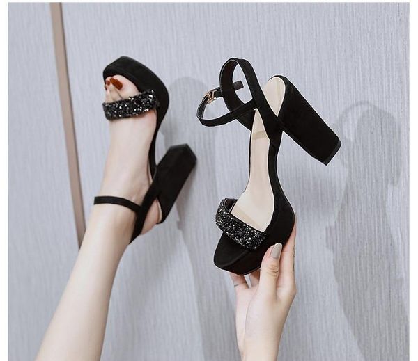 

sandals 2021 summer woman 9.5cm high heels female block sandles platform pumps lady chunky nude strappy shinyshoes, Black