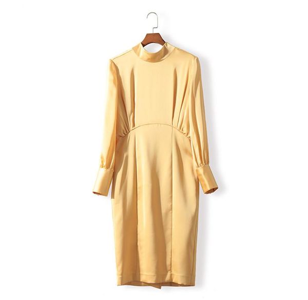 

casual dresses women silk 2021 arrival medium-length dress slim bud long sleeve ol elegant, Black;gray