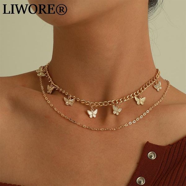

chains liwore vintage butterfly women's pendant necklace double fashion alloy cuban chain golden jewelry, Silver