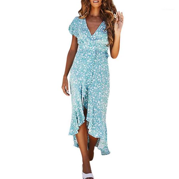 

fashion dress women beach ruffles sleeve blue ladies dresses for parties irregular hem v-neck print empire women's swimwear, White;black