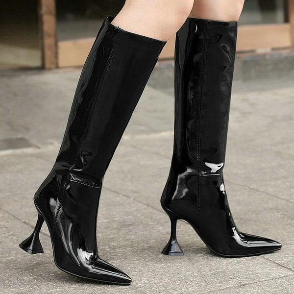 

boots black red women knee high patent pu leather strange style ladies calf fashion pointed toe zipper women's 2021