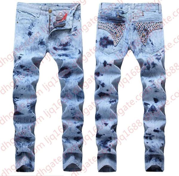 

men's fashion snowflake jeans big size slim fit designer night club jeans back crystal luxury jeans pant size 28-38 955, Blue