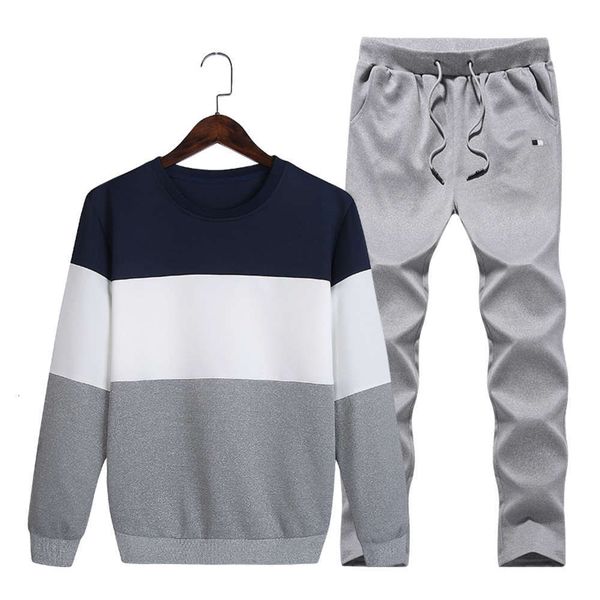 

spring stitching sweater 2021 korean fashion men's long sleeve one suit youth sportswear two piece set, Gray