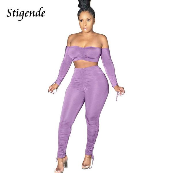 

stigende women off shoulder ruched two piece set tie up long sleeve crop and pants drawstring solid 2 piece outfits, White
