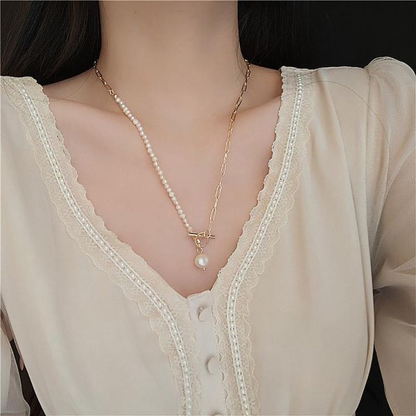 

pendant necklaces elegant natural freshwater pearl necklace for women gold chunky link chain asymmety toggle clasp circle chokers, Silver