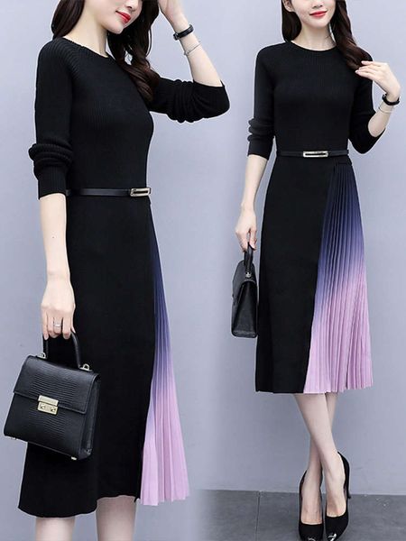 

knitted women's autumn and winter dress temperament slim mid long patchwork gradient pleated sweater skirt fashion, Black;gray