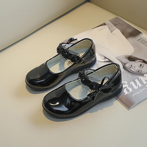 

flat shoes elegant patent leather girls sweet lace princess style school comfort breathable flats party graduation stage, Black;grey