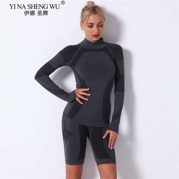 

2pcs/set yoga sets women seamless shorts high waisted sports pants long sleeve outdoor biker leggings women sports gym set, White;red