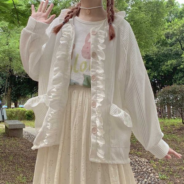 

women's knits & tees japanese fashion college style women corduroy blouse soft girls vintage ruffle button down shirt long sleeve, White