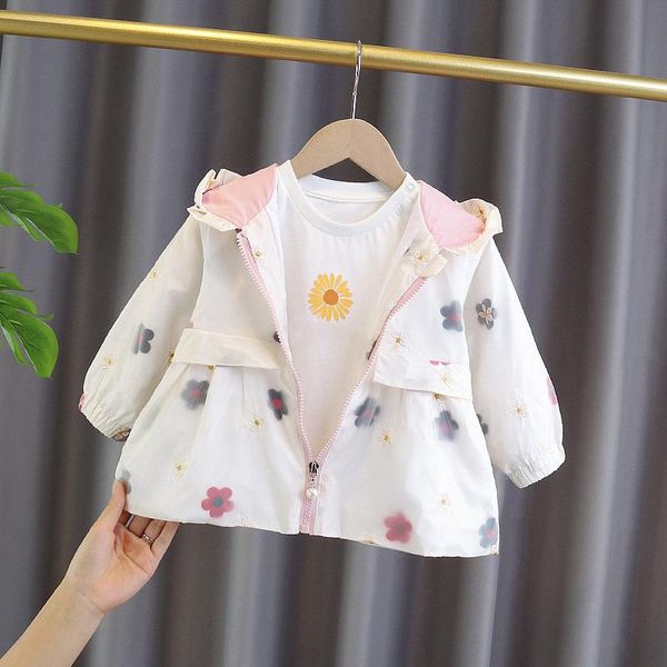 

jassen schattige baby meisjes koreaanse lente herfst bloem print hooded bovenkleding kids borduurwerk casual rits windjack, Blue;gray