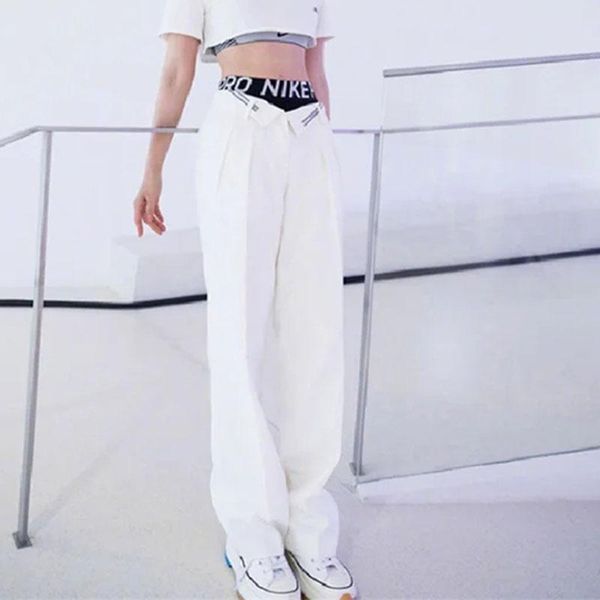 

women's pants & capris 2021 fashion design suit women chic high-waist straight black white stacked loose full length streetwear