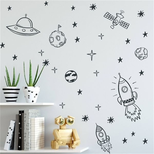 Decalcomanie della parete dello spazio per Boy Room Outer Space Nursery Wall Sticker Decor Rocket Ship Astronauta Vinyl Decal Planet Decor Kids ZB163 Y200102