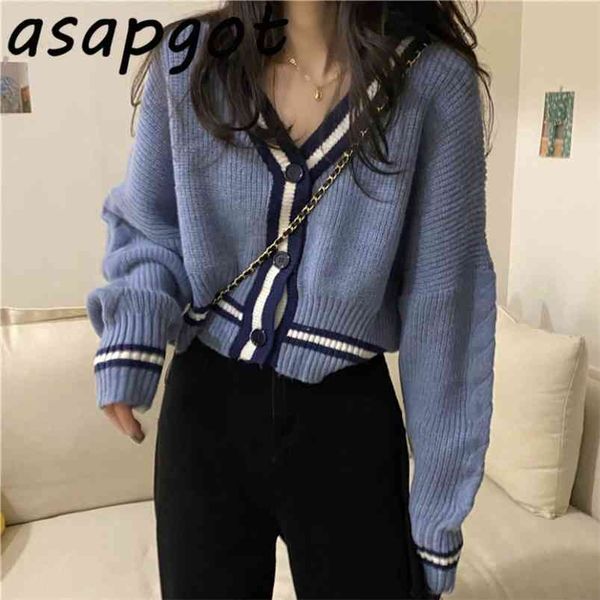 

korean chic autumn loose short v neck lazy long sleeve striped sweater women coat clothes thick warm crop cardigan casual retro 210805, White;black