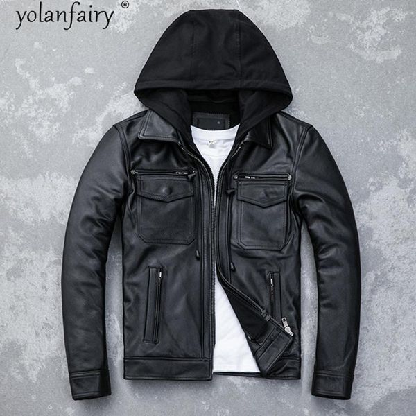 

men's leather & faux autumn winter genuine cow jacket men hooded motorcycle jackets fashion mens clothing chamarrasde hombre, Black