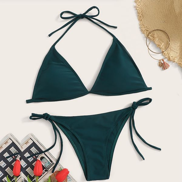 

3pieces/lot women solid color halter bikini set two pieces split with chest pad bikini set ladies side bandage swimsuit, Red;black