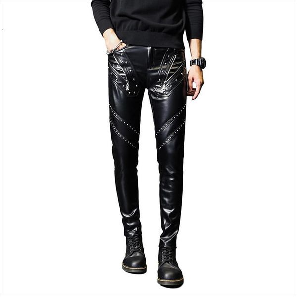 

men`s skinny faux leather punk women pant pu stage performance rivet night club party trousers male with studs, Black