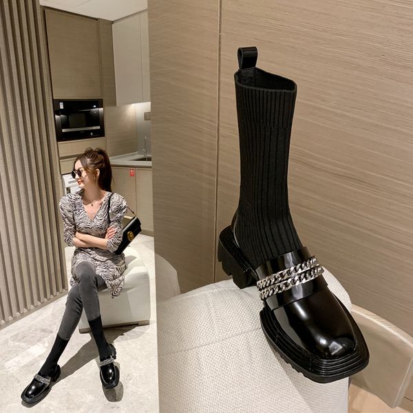 

korean 2021 autumn and winter first layer cowhide metal chain knitted sock women's net red thick soled elastic boots, Black