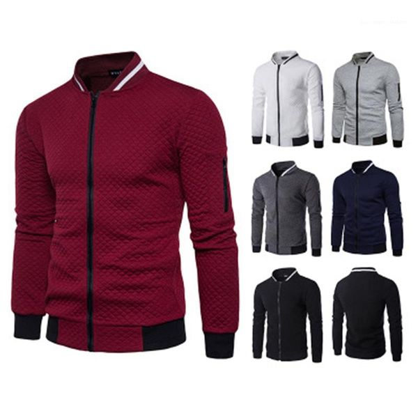 

slim pullover mens solid color zipper hoodies fashion trend long sleeve diamond lattice cardigan sweatshirts male spring stand collar, Black