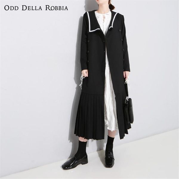 

women's wool & blends odddellarobbia autumn japanese sailor collar navy style pleated skirt double breasted long ol trench coat jacket, Black