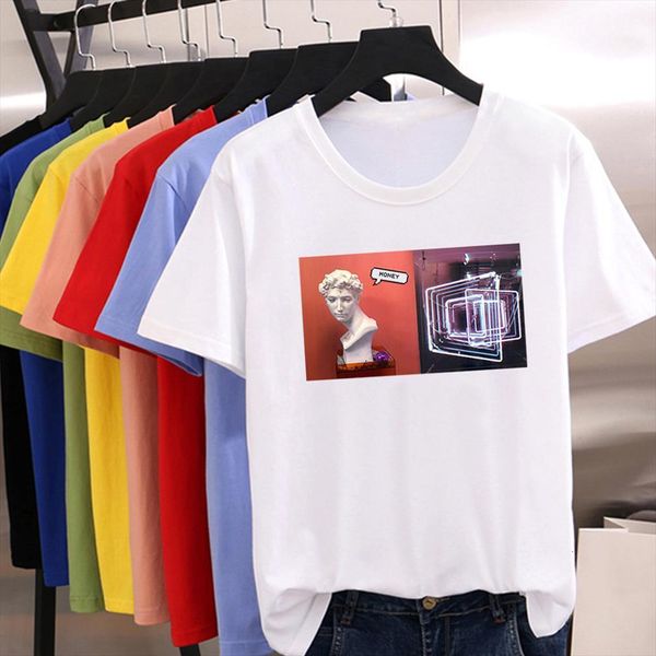 retro honet letter print and mens t shirts women special combination of stone statues graphic michelangelo, White;black