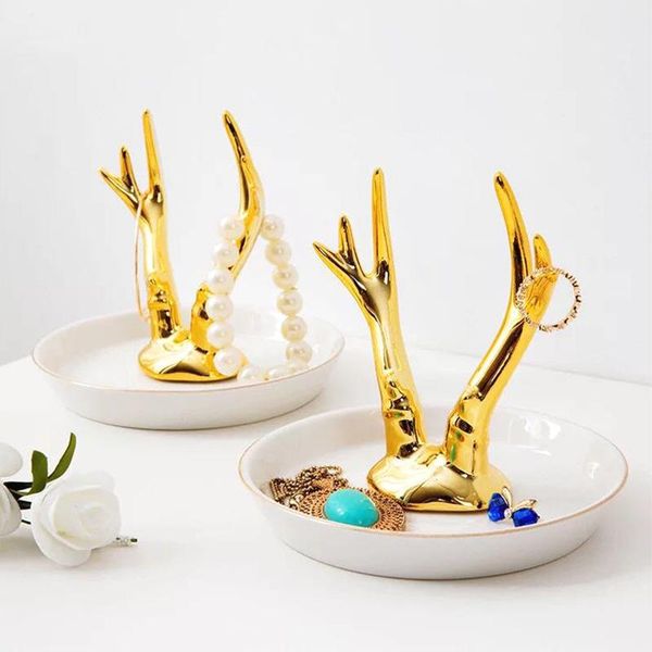 

kitchen storage & organization lvory white ceramics jewelry tray organizer necklace ring dish round antlers decoration ornaments