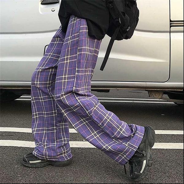 

harajuku plaid elastic high waist pants 2021 autumn women men streetwear hip hop straight trousers casual bottoms britis, Black;white