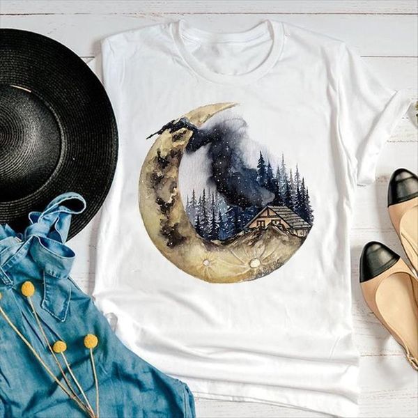 

graphic short sleeve moon women t shirt cartoon 90s style cute fashion summer print female clothes tees, White
