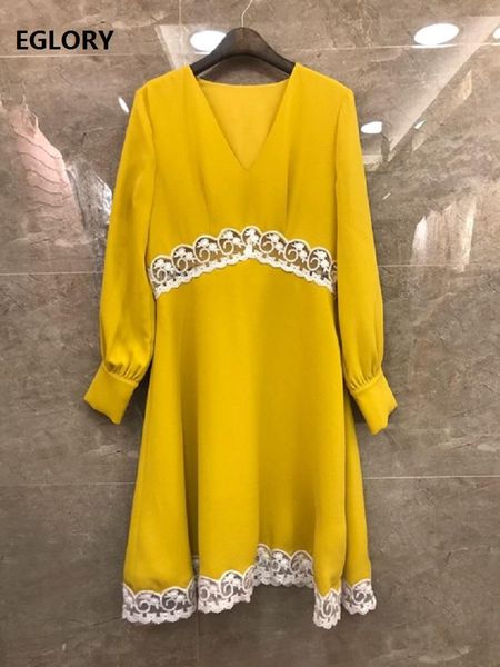 

casual dresses 2021 spring fashion runway dress women v-neck sheer lace patchwork long sleeve black yellow above knee, Black;gray