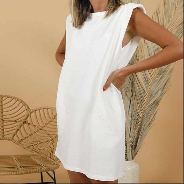 

womens dress sleeveless shoulder pad solid white loose women pocket midi dresses 2021 summer fashion casual ladies vestido, Black;gray