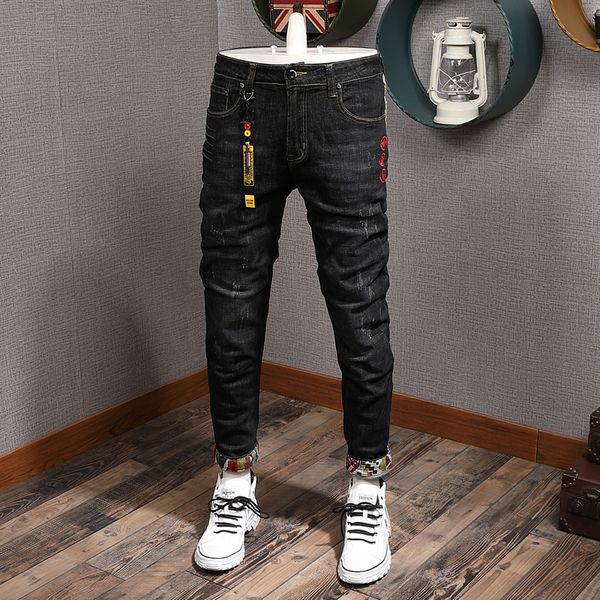 

2021 new newly designer fashion men jeans embroidery elastic slim fit ripped denim pencil pants japanese style spliced hip hop trousers coi5, Blue