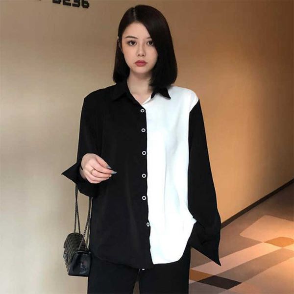 

women's spring autumn chiffon shirts turn-down collar long sleeve splicing single row multi button casual df3289 210609, White