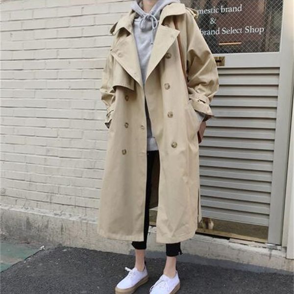 

2021 spring autumn new women casual trench coat oversize double breasted vintage outwear sashes chic cloak female windbreaker pp287 ko6d, Tan;black