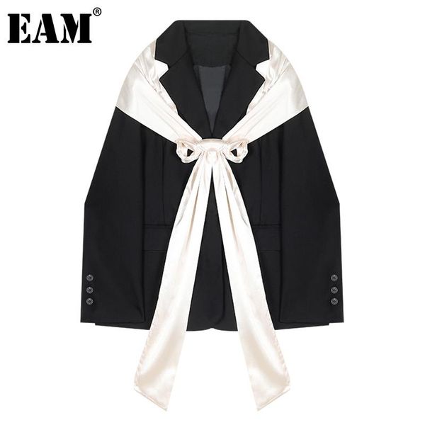 

women's suits & blazers [eam] women bandage bow black big size blazer notched collar long sleeve loose jacket fashion spring autumn 202, White;black