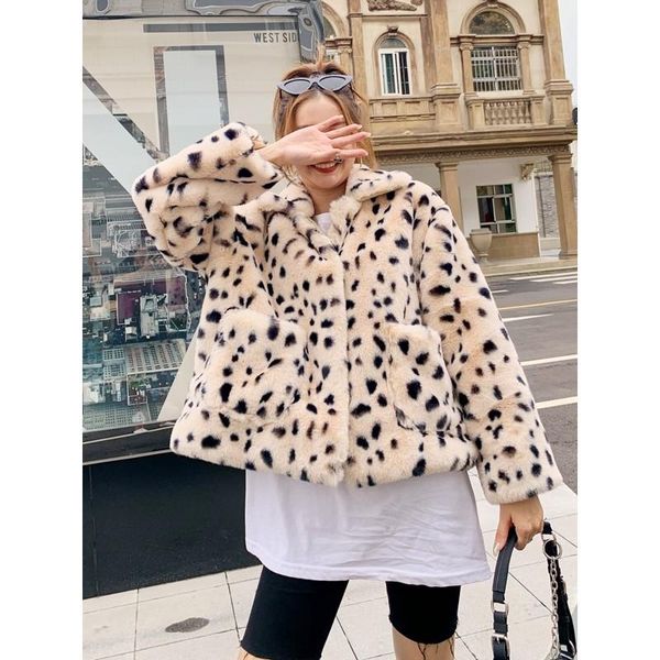 

women's fur & faux leopard print coat for women 2021 fashion winter haining korean style imitate rex short young, Black